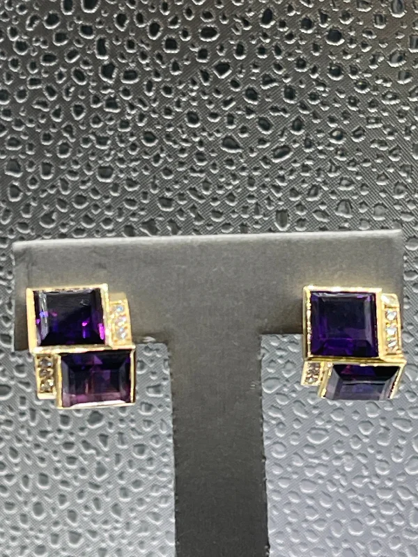 crystal stud earrings for women -crystal stud earrings for women -Ladies 14 Karat Solid Yellow Gold Amethyst and Diamond Earrings