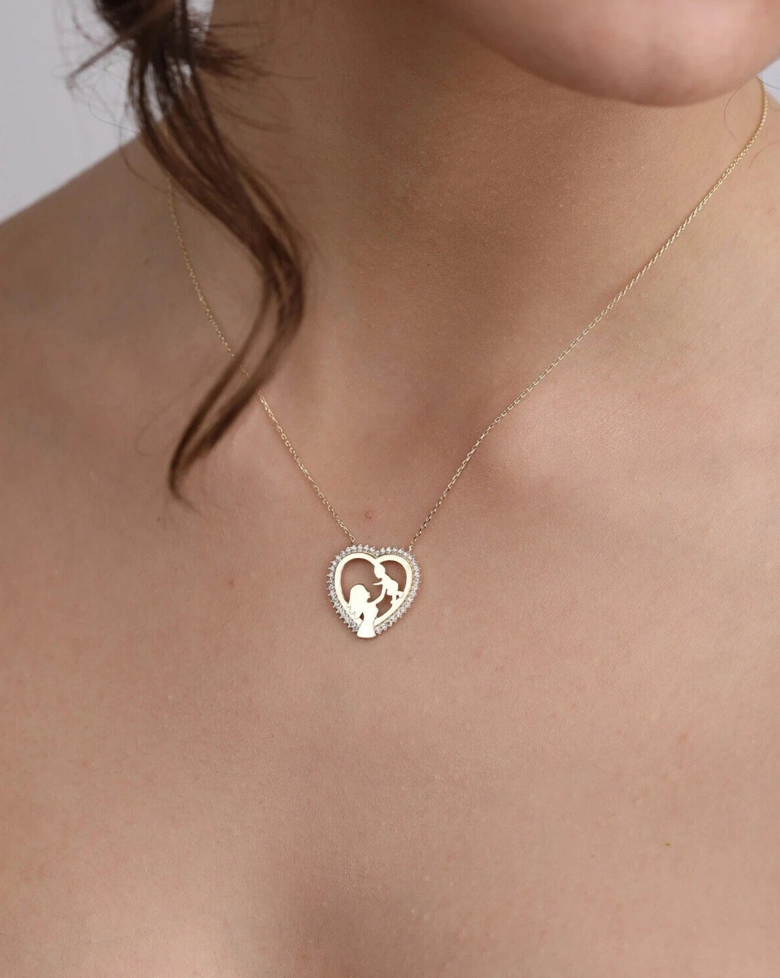 heart pendant necklaces for women -Gold Plated Heart Mom & Baby Necklace