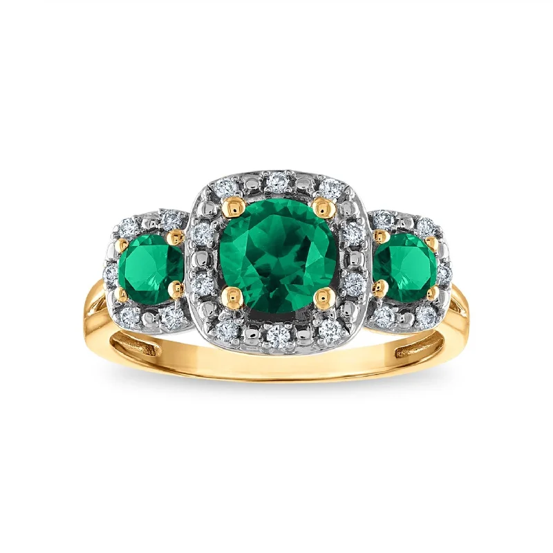 luxury wedding rings for women -LoveSong EcoLove Round Emerald and Emerald Three Stone Halo Ring in 10KT Yellow Gold