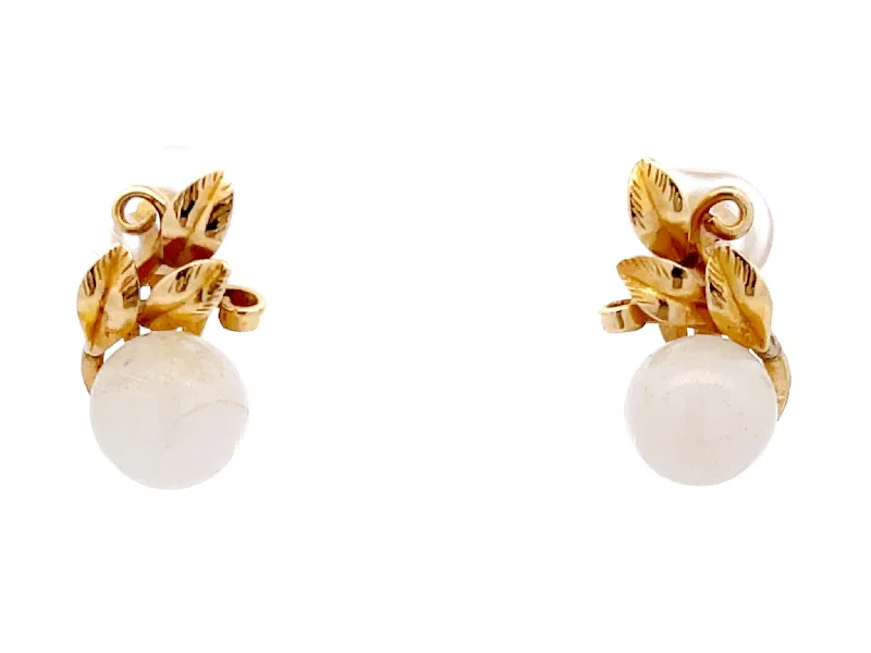 simple stud earrings for women -Mings White Jade Sphere and Leaves Clip On Earrings in 14K