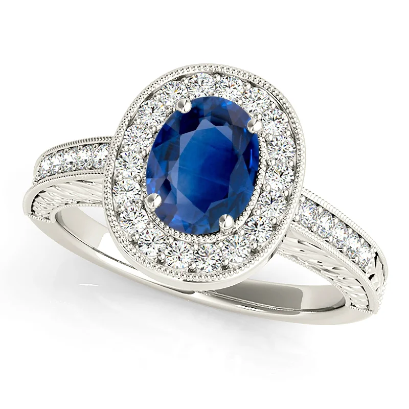 bridal rings for women -2.10 ct. Genuine Blue Oval Sapphire Ring Halo Style