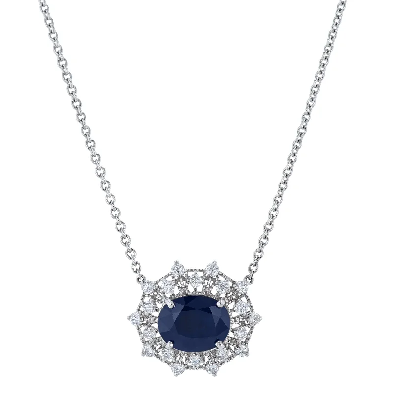 luxurious diamond necklaces for women -Oval Sapphire Diamond Pave Estate Necklace