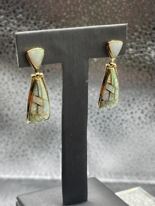 trendy earrings for women -trendy earrings for women -Ladies 14 Karat Solid Yellow Gold Opal Dangling Earrings