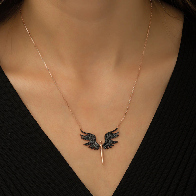 custom engraved necklaces for women -Black Guardian Angel Necklace