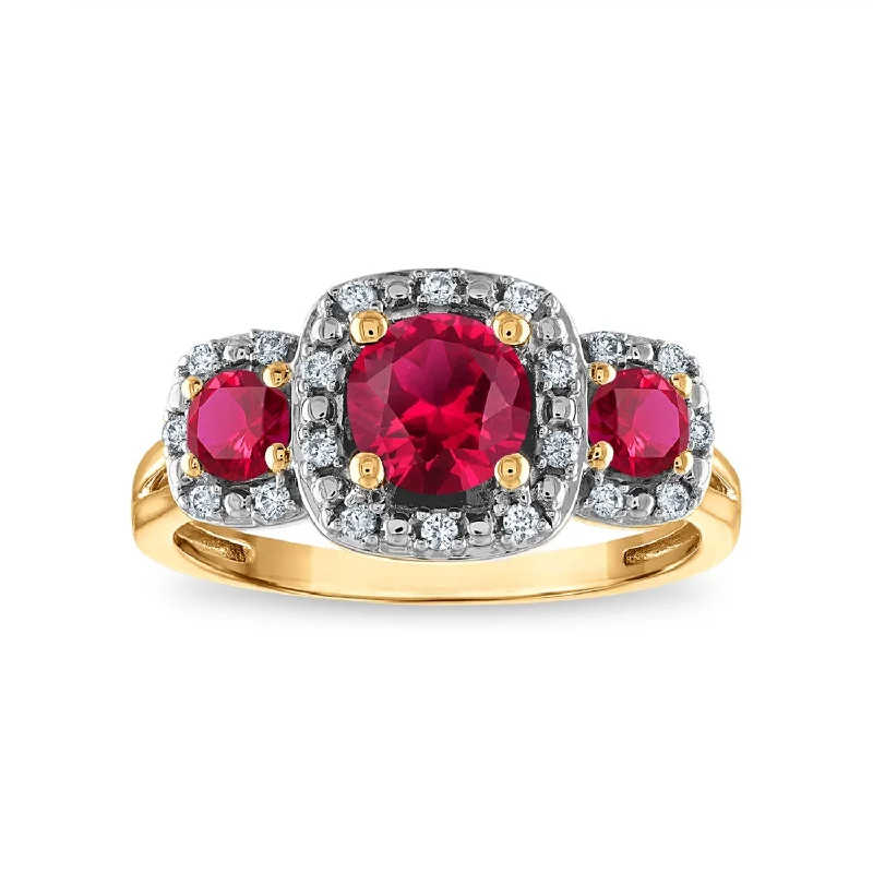 rose gold solitaire rings for women -LoveSong EcoLove Round Ruby and Ruby Three Stone Halo Ring in 10KT Yellow Gold