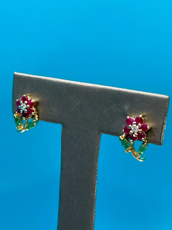 gold earrings for women -gold earrings for women -Ladies 14 Karat Gold Ruby Diamond & Emerald Floral Earrings