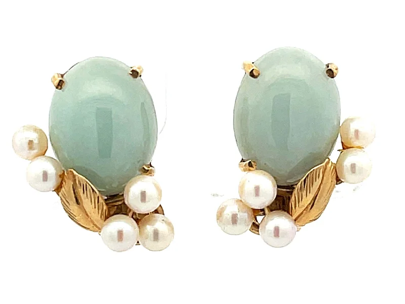 women’s colorful gemstone drop earrings -Mings Cabochon Jade and Pearl Clip on Earrings in 14k Yellow Gold