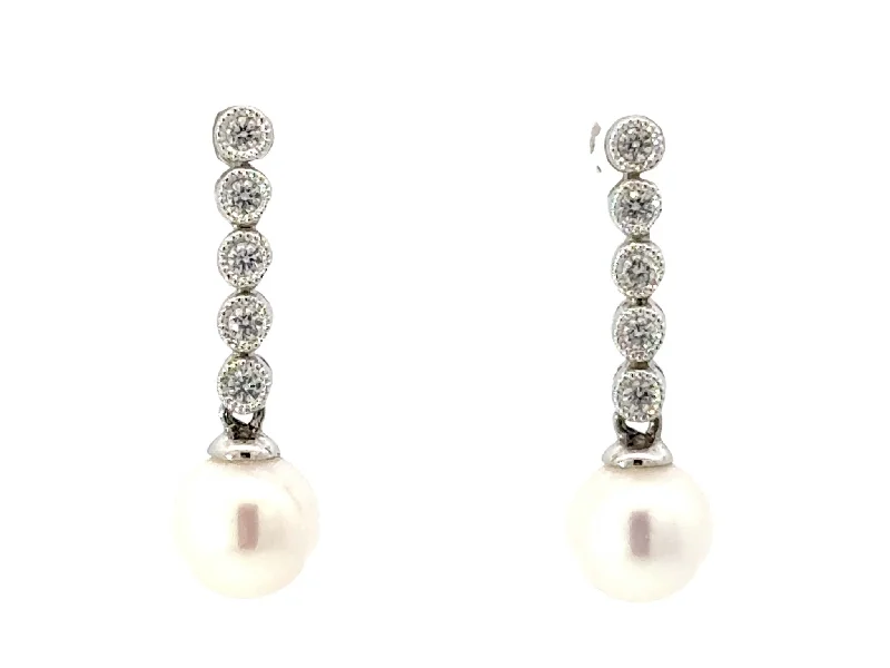 women’s heart earrings -Dangly Diamond Pearl Drop Earrings 14K White Gold