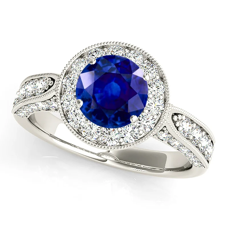 platinum diamond rings for women -1.35 ct. Genuine Blue Sapphire Milgrain Halo Ring