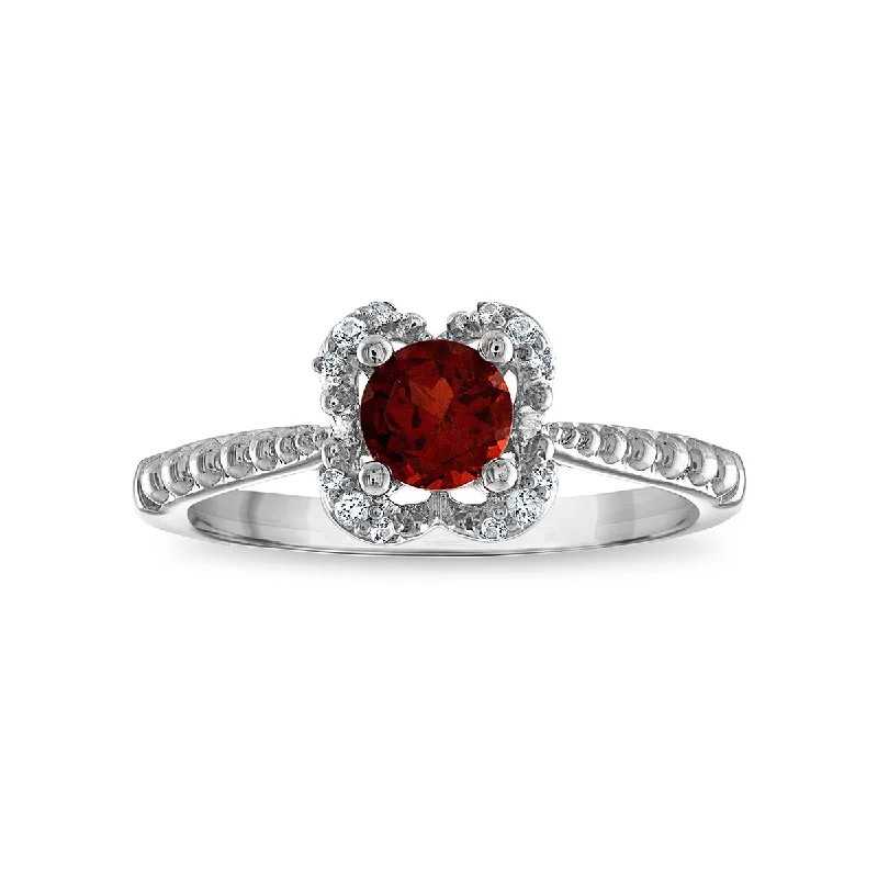 silver engagement rings for women -5MM Round Garnet and White Sapphire Birthstone Flower Halo Ring in Sterling Silver