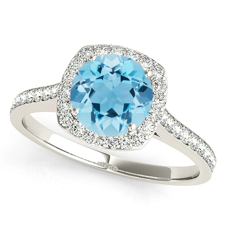 affordable gold engagement rings for women -1.65 ct. Genuine Round Aquamarine Ring With Cushion Halo