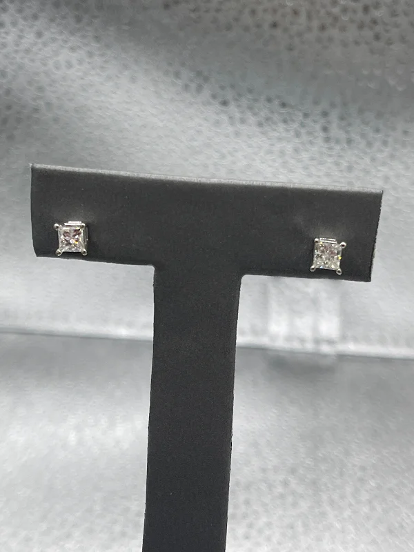 cute earrings for women -cute earrings for women -Ladies Dazzling 14 Karat White Gold Princess Cut Diamond Stud Earrings