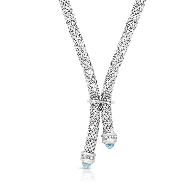 heart pendant necklaces for women -Sterling Silver 18 inches with Rhodium Finish 7mm Shiny Dome Lariat Popcorn Length Necklace with Giant Spring Ring Clasp with 0.0950ct 1mm White Diamond+ Round Blue Topaz