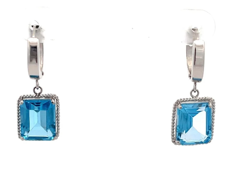 elegant drop earrings for women -Blue Emerald Cut Topaz Drop Hoop Earrings in 14K White Gold