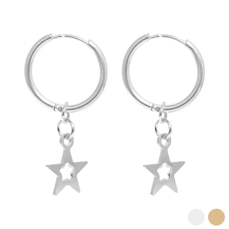 crystal stud earrings for women -crystal stud earrings for women -18K Gold PVD Stainless Steel Star Pendant Hoop Earrings / ERJ0037