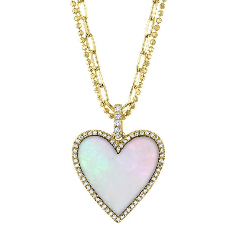 bar necklaces for women -14kt Yellow Gold Heart Necklace / 0.21ct TW Diamond Pave & 2.41ct MOP Heart on a Paperclip link Faceted Ball Double Chain Necklace