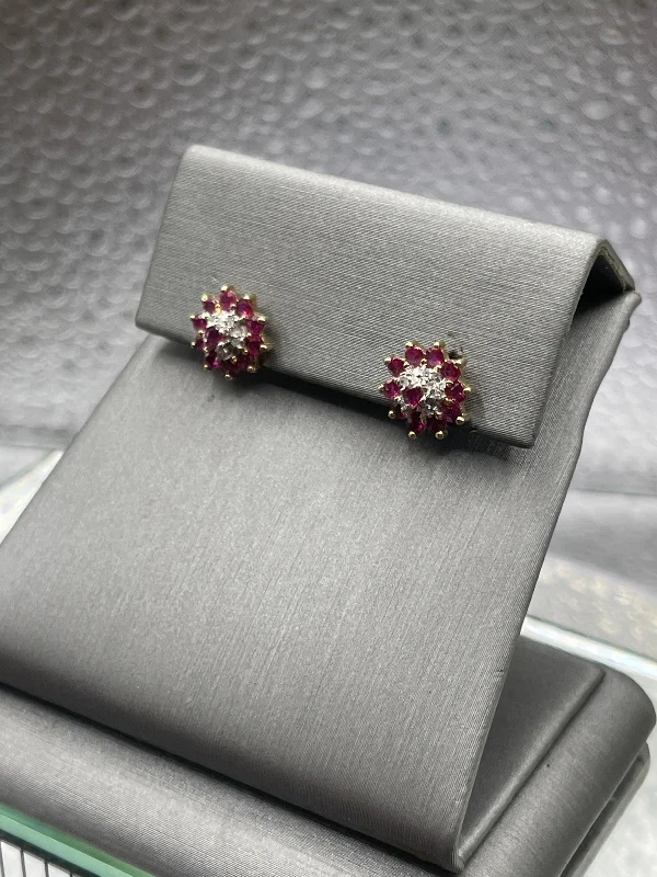 long earrings for women -long earrings for women -Ladies 10 Karat Solid Yellow Gold Ruby and Diamond Stud Earrings