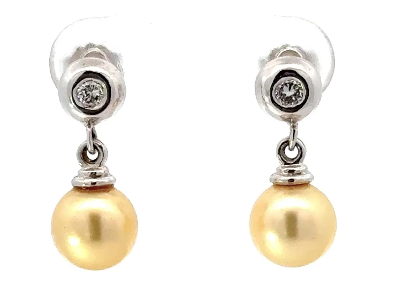 gold dangle earrings for women -Diamond and Golden Pearl Drop Earrings 14K White Gold