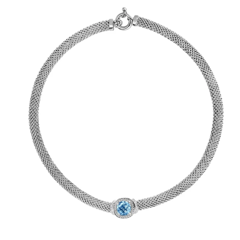 infinity pendant necklaces for women -Sterling Silver 17 inches with Rhodium Finish 8mm Shiny Fancy Popcorn Necklace with Spring Ring Clasp+0.1100ct White Diamond+5.1800ct 10x10mm Cushion Blue Topaz