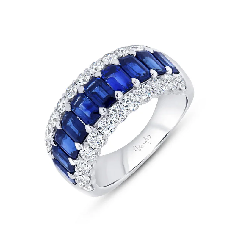 unique engagement rings for women -Uneek Precious Collection 3-Row Emerald Cut Blue Sapphire Anniversary Ring