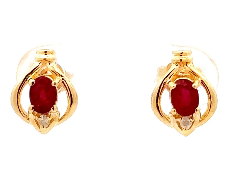 heart-shaped earrings for women -Oval Red Ruby and Diamond Stud Earrings 14k Yellow Gold