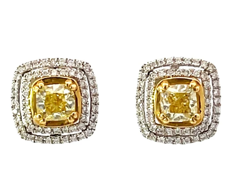 statement earrings for women -Fancy Yellow Cushion Cut Diamond Earrings with Double Diamond Halo 18k Gold