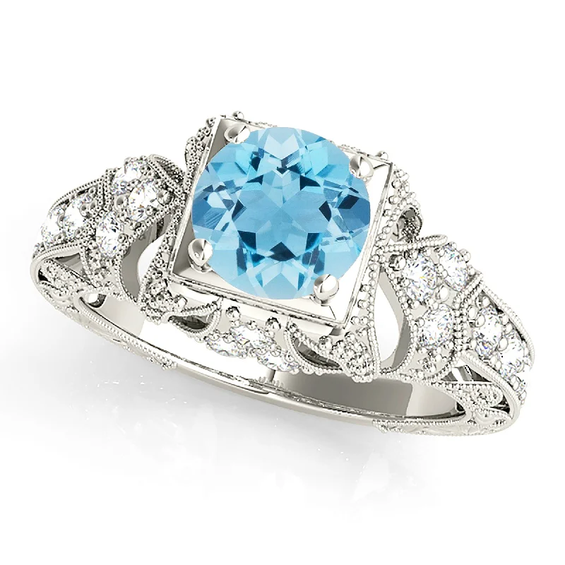 rose gold solitaire rings for women -1.10 ct. Genuine Aquamarine Ring With Filigree and Milgrain Design