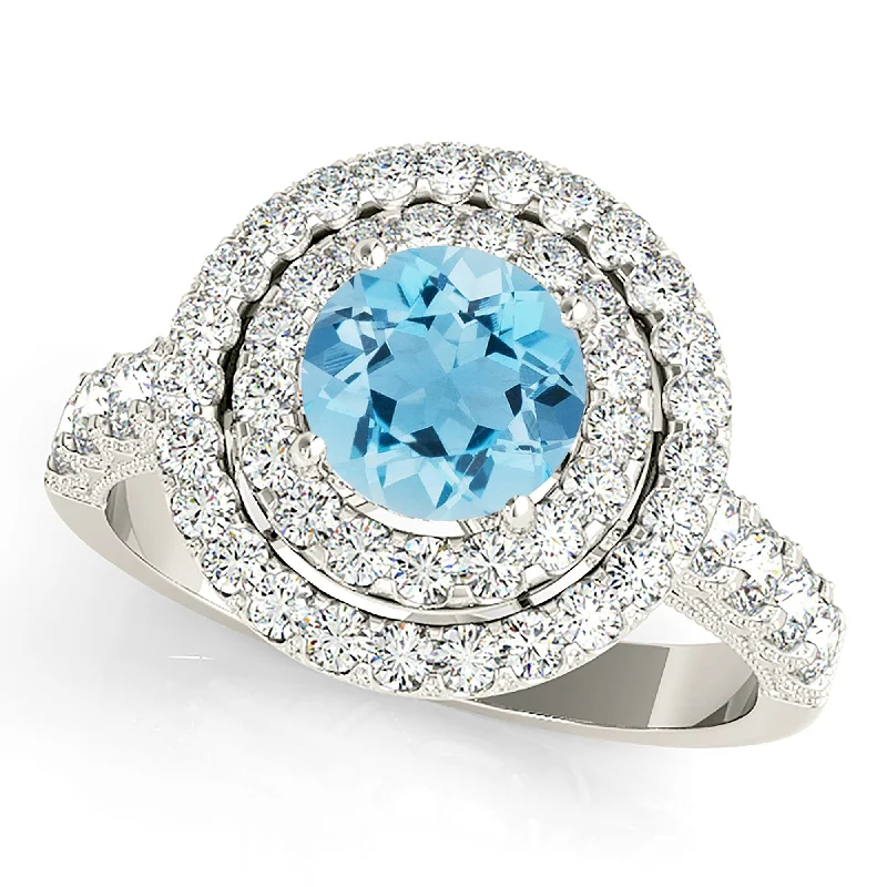 men’s and women’s engagement rings -1.10 ct. Genuine Aquamarine Ring with Double Row Halo And  Milgrain Design