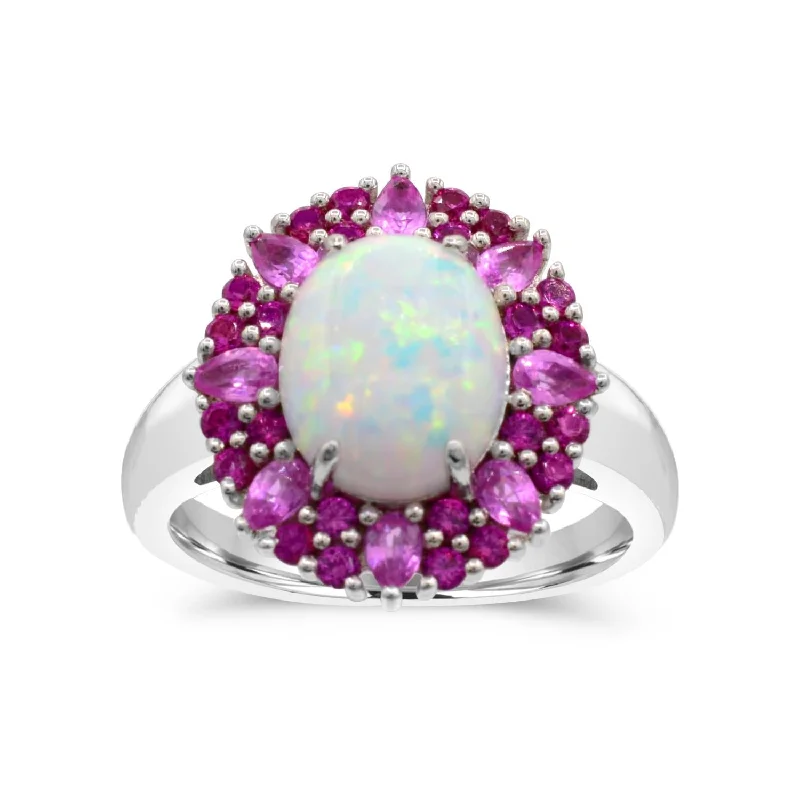 twisted engagement rings for women -10X8MM Oval Opal and Sapphire Halo Ring in Sterling Silver