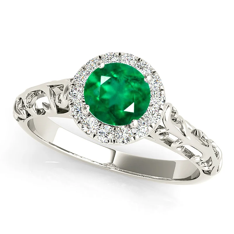 eternity rings for women -1.00 ct. Genuine Emerald Ring With Halo And Hand Carved Solid Gold Floral Band