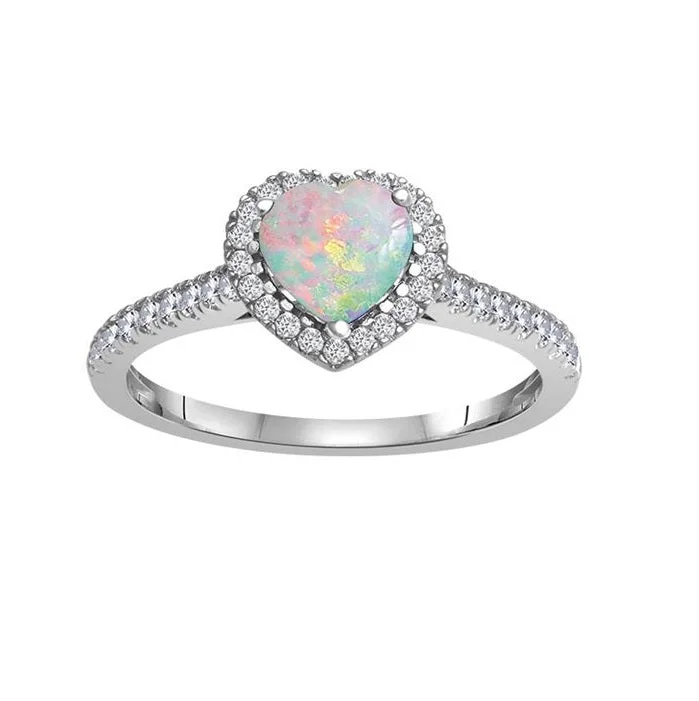 diamond wedding rings for women -6MM Heart Shape Opal and White Sapphire Birthstone Heart Halo Ring in 10KT White Gold