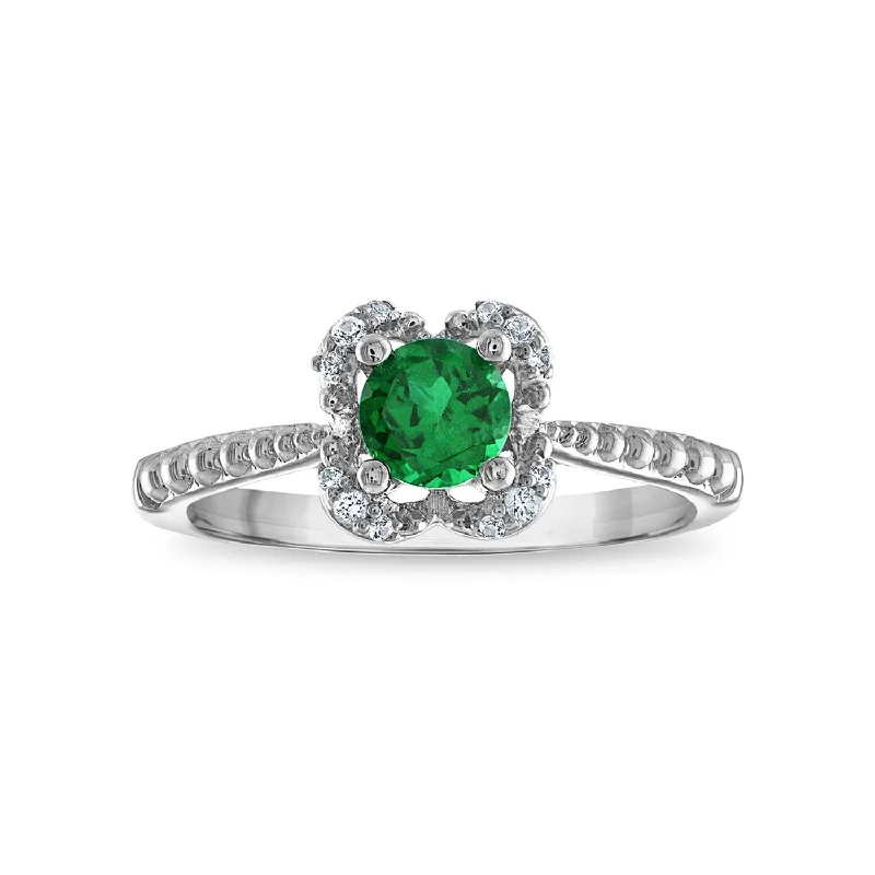 birthstone rings for women -5MM Round Emerald and White Sapphire Birthstone Flower Halo Ring in Sterling Silver