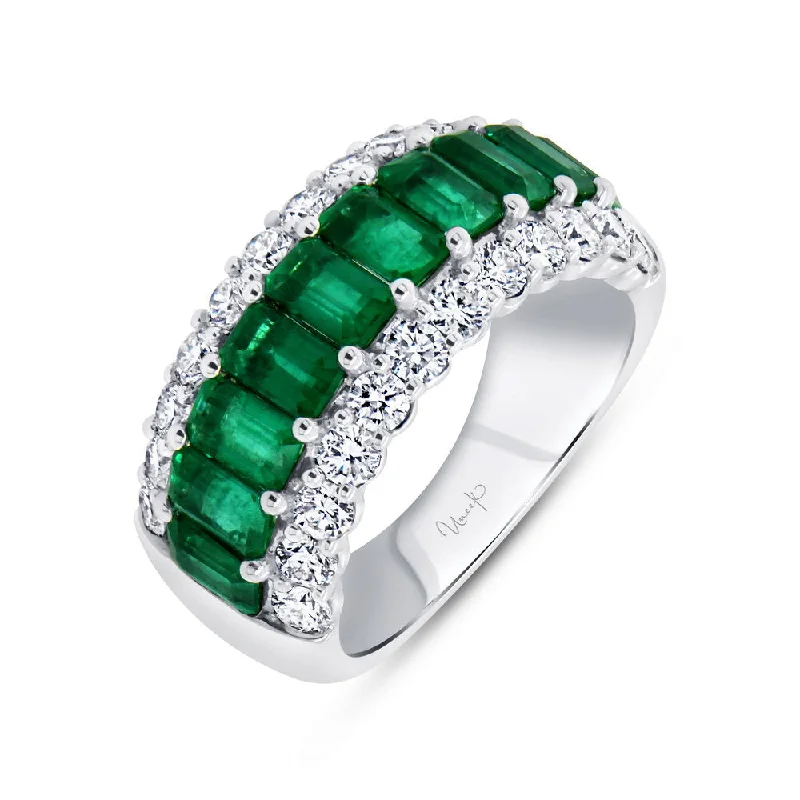 fancy diamond rings for women -Uneek Precious Collection 3-Row Emerald Cut Emerald Anniversary Ring