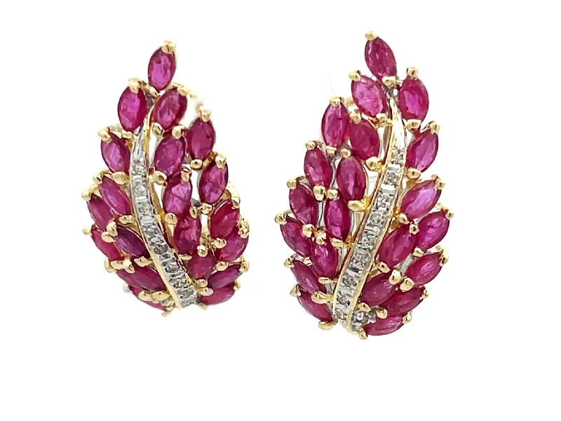 crystal stud earrings for women -Ruby Leaf and Diamond Earrings in 14k Yellow Gold