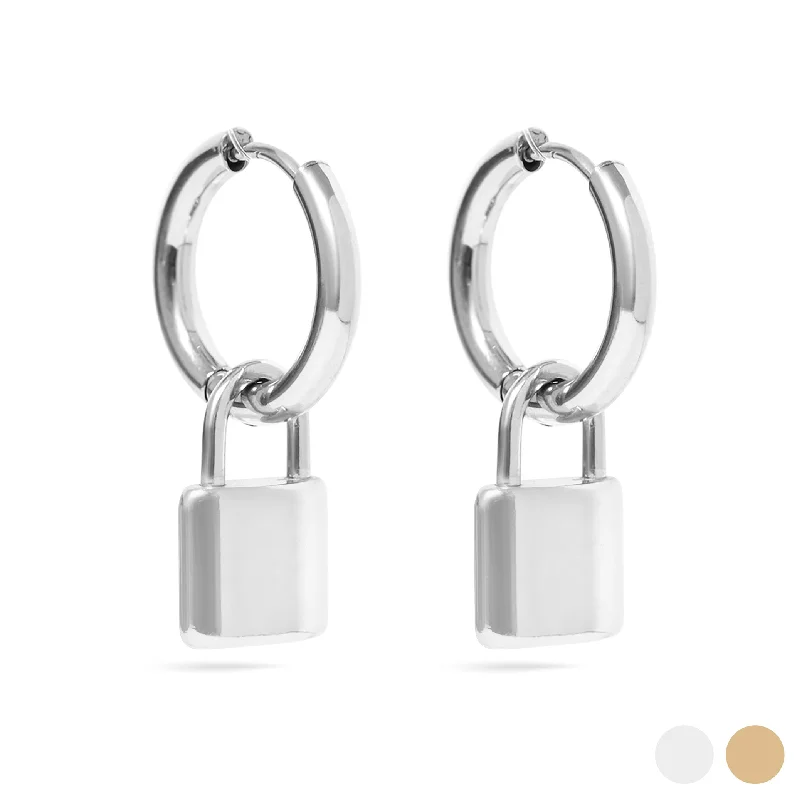 long dangling earrings for women -long dangling earrings for women -18K Gold PVD Stainless Steel Padlock Pendant Hoop Earrings / ERJ0035