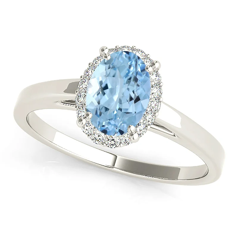 sapphire wedding rings for women -1.30 ct. Genuine Oval Aquamarine Ring With  Halo and Solid Gold Band