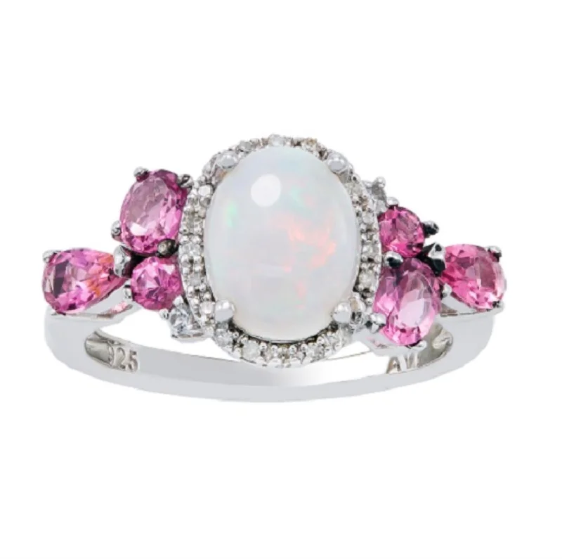 antique rings for women -9X7MM Oval Opal and Pink Sapphire Gem Stone Halo Ring in Sterling Silver