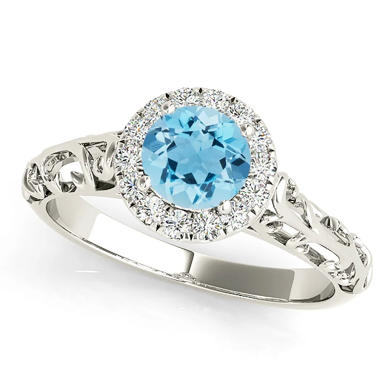 promise rings for women -1.00 ct. Genuine Aquamarine Ring With Halo, Floral Basket Band