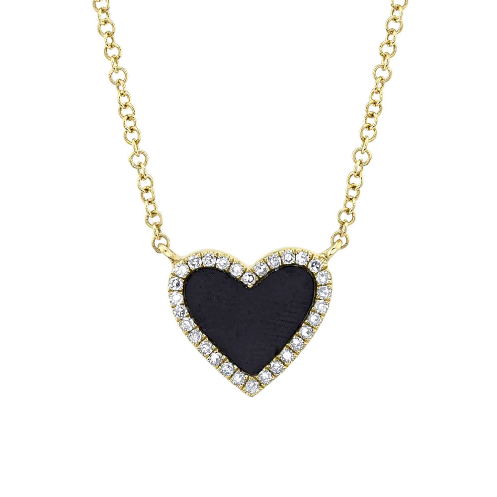 layered necklaces for women -Yellow Gold Onyx Diamond Pave Heart Necklace