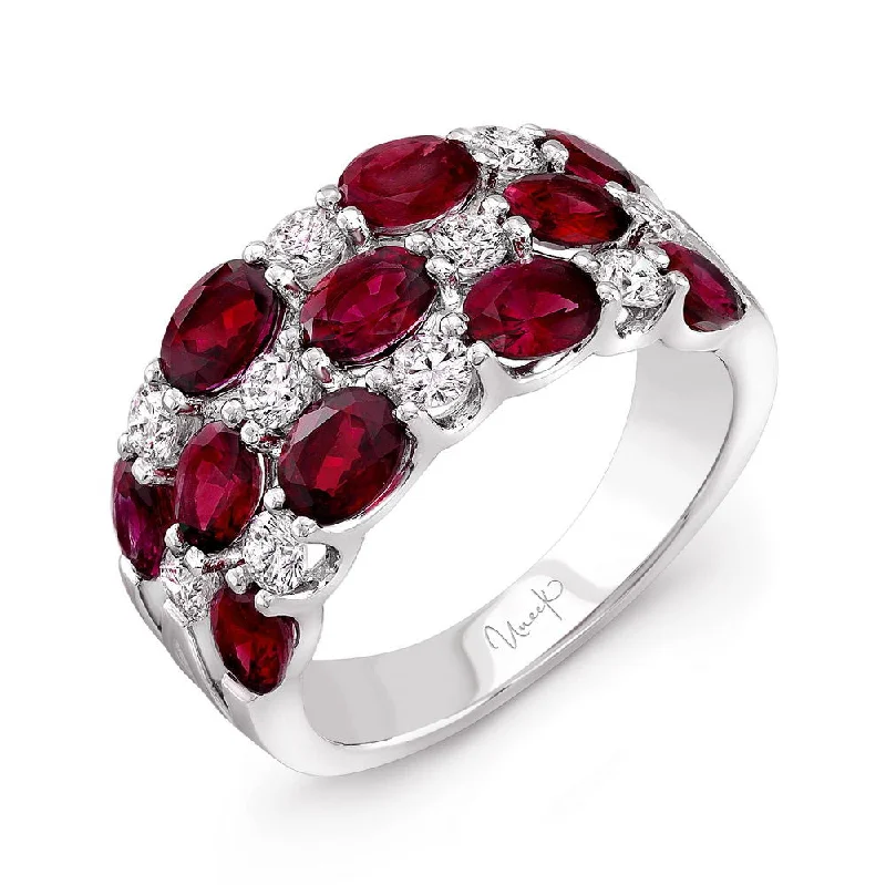 antique rings for women -Uneek Precious Collection 3-Row Round Ruby Fashion Ring