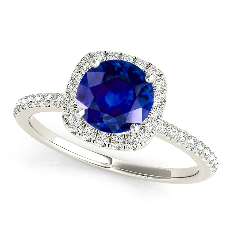 custom wedding rings for women -1.35 ct. Genuine Blue Round Sapphire Ring Cushion with Halo Style