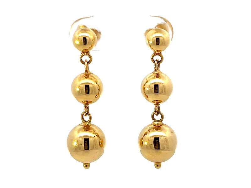 large earrings for women -Triple Round Bead Drop Dangly 18k Solid Gold Earrings