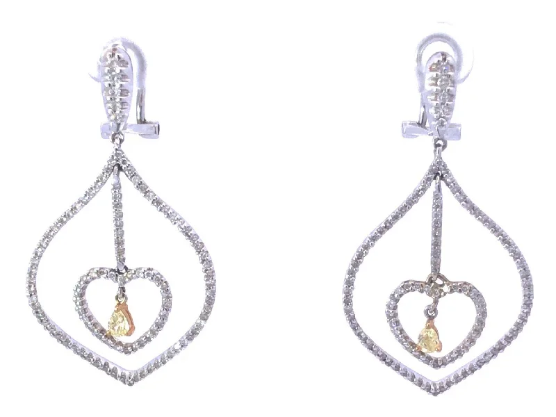 cute earrings for women -White and Fancy Yellow Dangly Diamond Heart Earrings in 18K White Gold