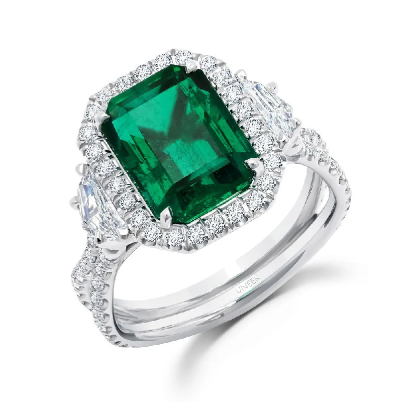 cushion halo engagement rings for women -Uneek Three-Stone Ring with Emerald-Cut Green Emerald Center and Pave Silhouette Shank