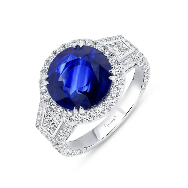 cushion cut diamond rings for women -Uneek Precious Collection 3-Stone-Halo Round Blue Sapphire Fashion Ring