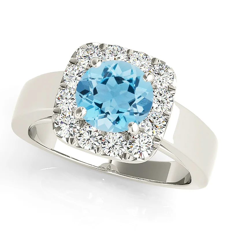 stackable rings for women -2.00 ct. Genuine Aquamarine Ring With Cushion Halo And Solid Gold Wide Band