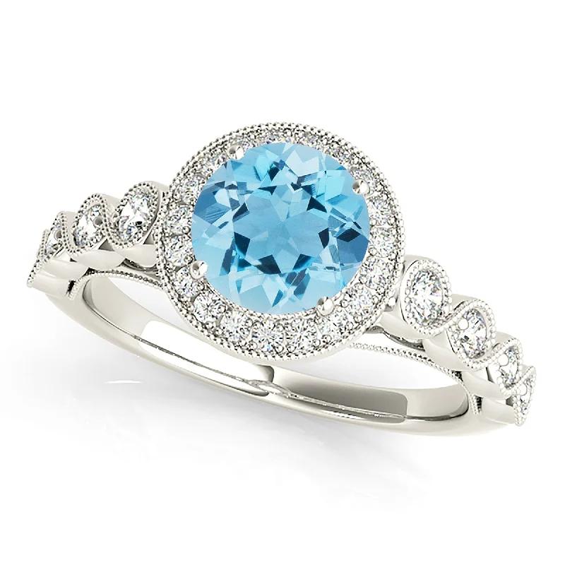 antique rings for women -1.10 ct. Genuine Aquamarine Ring With Bezel Set Halo