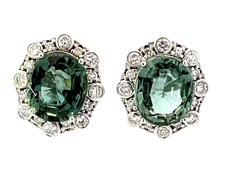 custom gold earrings for women -Oval Green Tourmaline Diamond Halo Earrings 18k White Gold