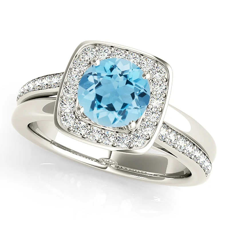 unique birthstone rings for women -1.10 ct. Genuine Round Aquamarine Ring With Bezel Set Square Halo