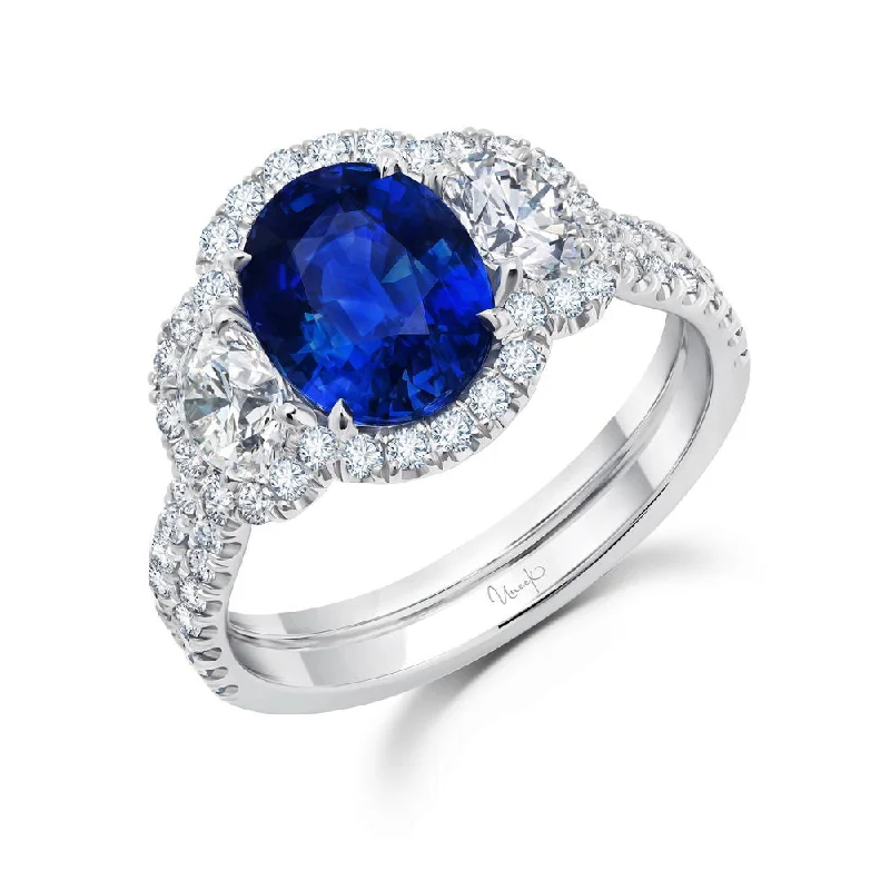 vintage wedding bands for women -Uneek Precious Collection 3-Stone-Halo Oval Shaped Blue Sapphire Fashion Ring